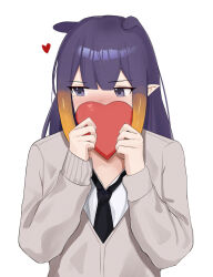 Rule 34 | 1girl, black necktie, box, cardigan, commentary, covering own mouth, english commentary, flat chest, grey cardigan, heart, heart-shaped box, highres, holding, holding box, hololive, hololive english, ku roiko, long hair, long sleeves, mole, mole under eye, necktie, ninomae ina&#039;nis, pointy ears, purple hair, shirt, simple background, solo, tentacle hair, upper body, valentine, virtual youtuber, white background, white shirt