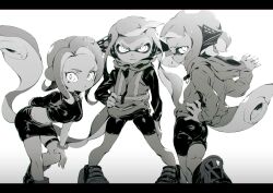Rule 34 | 3girls, agent 3 (splatoon), agent 4 (splatoon), agent 8 (splatoon), arm at side, boots, breasts, commentary request, crop top, floating hair, from behind, greyscale, hand on own hip, hand on own knee, headphones, high-visibility vest, hood, hood down, hooded jacket, inkling girl, inkling player character, jacket, leaning forward, letterboxed, long hair, looking at viewer, looking back, medium breasts, medium hair, midriff, miniskirt, monochrome, multiple girls, navel, nintendo, octoling girl, octoling player character, parted lips, pencil skirt, serious, shorts, sideways mouth, single bare shoulder, single sleeve, skirt, small breasts, smile, splatoon (series), splatoon 2, squidbeak splatoon, suction cups, tentacle hair, thigh strap, v-shaped eyebrows, very long hair, wadanaka, white background, wristband, zipper, zipper pull tab