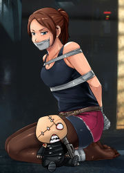 Rule 34 | 1girl, annoyed, bike shorts, black tank top, blue eyes, bound, bound ankles, bound torso, bound wrists, breasts, brown hair, capcom, claire redfield, gag, gagged, highres, improvised gag, jewelry, legs, looking down, lost one zero, necklace, pantyhose, stuffed toy, resident evil, resident evil 2, seiza, shirt, shorts, sitting, sleeveless, sleeveless shirt, solo, tank top, tape, tape gag, thighs