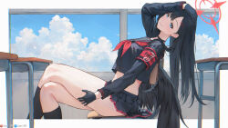 Rule 34 | 1girl, arm up, armband, black choker, black gloves, black hair, black serafuku, black shirt, black skirt, black socks, black wings, blue archive, blue eyes, blue sky, breasts, choker, cloud, dan-98, desk, feathered wings, gloves, hair ornament, hairpin, halo, hand on own head, highres, ichika (blue archive), long hair, looking at viewer, low wings, miniskirt, red armband, red halo, school desk, school uniform, serafuku, shirt, skirt, sky, small breasts, smile, socks, wings