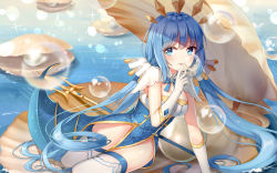 Rule 34 | 1girl, absurdly long hair, absurdres, blue bow, blue bowtie, blue eyes, blue hair, blush, bow, bowtie, breasts, bubble, clam shell, cleavage, elbow gloves, eyes visible through hair, finger to mouth, fins, gem, gloves, highres, long hair, looking at viewer, medium breasts, original, pearl (gemstone), polearm, sitting, smile, sparkle, spear, thighhighs, very long hair, weapon, white gloves, white thighhighs, yokozuwari, yuhuan