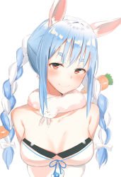 Rule 34 | 1girl, absurdres, animal ear fluff, animal ears, arms behind back, black leotard, blue hair, blush, braid, breasts, carrot hair ornament, cleavage, closed mouth, commentary, dogxfish, dress, food-themed hair ornament, fur scarf, hair ornament, highres, hololive, leotard, light blue hair, long hair, looking at viewer, medium breasts, multicolored hair, off-shoulder dress, off shoulder, playboy bunny, rabbit ears, red eyes, simple background, smile, solo, thick eyebrows, twin braids, twintails, two-tone hair, upper body, usada pekora, usada pekora (1st costume), virtual youtuber, white background, white dress, white hair