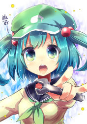 Rule 34 | 1girl, alternate costume, blonde hair, blue eyes, blue hair, gradient hair, green eyes, green hair, kawashiro nitori, lips, long sleeves, looking at viewer, multicolored eyes, multicolored hair, neckerchief, open mouth, pointing, pointing at viewer, school uniform, serafuku, short hair, solo, sweater, touhou, two side up, upper body, uta (kuroneko), wrench
