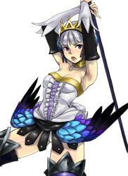 Rule 34 | armpits, arms up, bare shoulders, choker, clarkii, elbow gloves, gloves, gus (clarkii), gwendolyn (odin sphere), headdress, miniskirt, odin sphere, open mouth, panties, polearm, pteruges, purple eyes, short hair, silver hair, skirt, spear, thighhighs, thighs, underwear, vanillaware, weapon