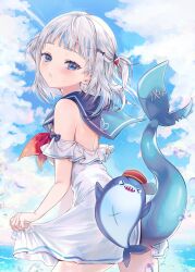 Rule 34 | 1girl, backless dress, backless outfit, bare shoulders, bloop (gawr gura), blue eyes, blue hair, blue sailor collar, blue sky, blush, cloud, commentary, day, dress, fins, fish tail, frilled dress, frills, from side, gawr gura, hair ornament, heart, highres, hololive, hololive english, long hair, multicolored hair, neckerchief, ocean, outdoors, paraffin, parted lips, red neckerchief, sailor collar, sailor dress, shark tail, sky, streaked hair, tail, two side up, virtual youtuber, water, white dress