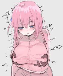 Rule 34 | 1boy, 1girl, absurdres, blue eyes, blush, bocchi the rock!, grabbing another&#039;s breast, breasts, gotoh hitori, grabbing, grabbing from behind, groping, hetero, highres, jacket, large breasts, long hair, nuejotman, one side up, pink hair, pink jacket, pink track suit, solo focus, sweat, tears, track jacket, track suit