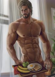 Rule 34 | 1boy, abs, aenaluck, apple, banana, bara, beard, bread, bread slice, chest hair, completely nude, convenient censoring, facial hair, food, fried egg, fruit, green apple, grey hair, highres, holding, indoors, large pectorals, male focus, manly, master (aenaluck), muscular, muscular male, navel, nipples, nude, original, pectorals, plate, short hair, solo