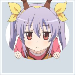 Rule 34 | 1girl, :&lt;, antlers, collarbone, fake antlers, hair ribbon, hairband, horns, looking at viewer, miyauchi renge, mugen ouka, non non biyori, purple hair, red eyes, ribbon, solo, sweater, twintails, upper body, vector trace