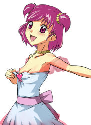 Rule 34 | 00s, 1girl, :d, armpits, baanin, bare shoulders, beads, blush, breasts, cleavage, clothes pull, dress, dress pull, flat chest, hair ornament, hairband, heart, jewelry, necklace, nipple slip, nipples, no bra, off shoulder, open mouth, precure, pulling own clothes, purple eyes, purple hair, sash, see-through, short hair, short twintails, simple background, small breasts, smile, solo, standing, twintails, two side up, undressing, white background, yes! precure 5, yumehara nozomi