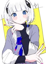 Rule 34 | 1girl, alternate costume, black sweater, blue eyes, blunt bangs, blush stickers, bright pupils, cevio, character print, closed mouth, commentary request, diamond hair ornament, double v, frown, grey shirt, hand on own chin, highres, kafu (cevio), kamitsubaki studio, laplace (kamitsubaki studio), layered shirt, layered sleeves, long hair, long sleeves, looking at viewer, low twintails, multicolored eyes, orange eyes, pink nails, print shirt, shirt, short over long sleeves, short sleeves, solo, sparkle, sweater, tori (tori nankotsu96), turtleneck, turtleneck sweater, twintails, upper body, v, white hair, white pupils, white shirt