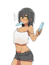 Rule 34 | 1boy, androgynous, denim, denim shorts, gogogo (noon midday), highres, navel, nipples, short hair, shorts, simple background, solo, standing, trap, white background, yellow eyes