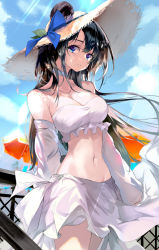 Rule 34 | 1girl, bad id, bad pixiv id, bandeau, bare shoulders, black hair, blue bow, blue eyes, blue sky, bow, breasts, choker, cleavage, cloud, commentary request, cowboy shot, day, detached sleeves, hat, hat bow, kooemong, long hair, long sleeves, looking at viewer, medium breasts, midriff, navel, original, skirt, sky, solo, standing, stomach, strapless, sun hat, tube top, white choker, white skirt