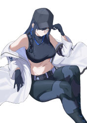 Rule 34 | 1girl, absurdres, bare shoulders, baseball cap, belt, black belt, black footwear, black hair, black hat, black pants, black shirt, blue archive, blue eyes, blue hair, boots, breasts, buckle, chest harness, closed mouth, coat, colored inner hair, commentary request, covered collarbone, crop top, gloves, groin, guomie 919, hand up, harness, hat, highres, knee boots, large breasts, long hair, looking at viewer, midriff, multicolored hair, navel, no halo, no mask, off shoulder, open clothes, open coat, pants, saori (blue archive), shirt, simple background, sleeveless, sleeveless shirt, snap-fit buckle, solo, standing, taut clothes, taut shirt, two-tone hair, white background, white coat