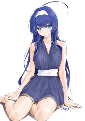Rule 34 | 1girl, ahoge, bare arms, bare shoulders, barefoot, black dress, blue eyes, blue hair, chaesu, collarbone, dress, hairband, highres, long hair, looking at viewer, orie ballardiae harada, parted lips, sash, signature, simple background, sitting, sleeveless, sleeveless dress, smile, solo, under night in-birth, very long hair, white background, white hairband, yokozuwari