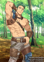 Rule 34 | 1boy, abs, armpits, asymmetrical clothes, bara, bare pectorals, belt grab, cross scar, dieck (fire emblem), facial hair, facial scar, feet out of frame, fire emblem, fire emblem: the blazing blade, fire emblem heroes, forest, green eyes, green hair, gumroad username, kienbiu, large pectorals, leather belt, male focus, mature male, muscular, muscular male, nature, navel, nintendo, nipples, outdoors, paid reward available, patreon username, pectoral cleavage, pectorals, revealing clothes, paid reward available, scar, scar across eye, scar on arm, scar on cheek, scar on face, scar on stomach, short hair, sideburns, sidepec, smile, solo, standing, stomach, stubble, thick thighs, thighs, twitter username