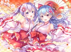 Rule 34 | 2girls, :d, aoba chise, aoba project, aoba rena, armpits, bare shoulders, blue hair, bow, breasts, checkered background, commentary request, cowboy shot, detached sleeves, dress, floating hair, flower, hair bow, hair ornament, hair ribbon, holding, holding umbrella, large breasts, layered dress, long hair, long sleeves, looking at viewer, multiple girls, nontraditional miko, obi, oil-paper umbrella, open mouth, purple eyes, red eyes, ribbon, sakura moyon, sash, silver hair, smile, twintails, umbrella, white flower, wide sleeves