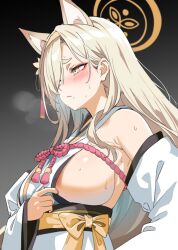 Rule 34 | animal ears, armpits, averting eyes, blonde hair, blue archive, blush, breasts, embarrassed, fox ears, fox girl, frown, japanese clothes, kaho (blue archive), large breasts, long hair, looking away, miko, mokyutan, nose blush, sideboob, simple background, sweat
