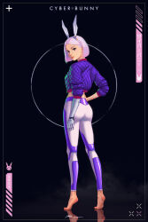 Rule 34 | 1girl, animal ears, blue eyes, cyberpunk (series), cyberpunk edgerunners, from behind, pants, pink hair, prosthesis, prosthetic arm, rabbit ears, razv.art, short hair, simple background, solo focus, sweater vest, tight clothes, tight pants, tiptoes
