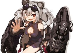 Rule 34 | 1girl, amonitto, animal ears, arknights, black dress, blush, breasts, cleavage cutout, clothing cutout, coat, covered navel, dress, eyewear on head, fang, feater (arknights), grey hair, groin, hand on own hip, long hair, mechanical arms, medium breasts, multicolored hair, open clothes, open coat, open mouth, panda ears, red eyes, short dress, sleeveless, sleeveless dress, solo, streaked hair, sunglasses, twintails, waving, white background