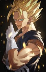 Rule 34 | 1boy, absurdres, aqua eyes, blonde hair, closed mouth, dragon ball, dragonball z, earrings, glint, gloves, hara kenshi, highres, jewelry, looking at viewer, male focus, single earring, smile, solo, super saiyan, upper body, vegetto, white gloves