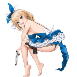 Rule 34 | 1girl, :d, absurdres, ass, backless dress, backless outfit, bad id, bad pixiv id, bare arms, bare legs, bare shoulders, barefoot, blonde hair, blue dress, blue eyes, blue ribbon, blush, bow hairband, breasts, dress, from side, full body, gibun (sozoshu), girls&#039; frontline, gun, hairband, handgun, highres, holding, holding gun, holding weapon, holstered, looking at viewer, looking to the side, m1911 (breaker of the sky) (girls&#039; frontline), m1911 (girls&#039; frontline), medium breasts, medium hair, open mouth, pistol, ribbon, sideboob, smile, solo, transparent background, weapon, white ribbon