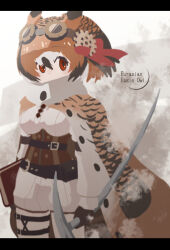 Rule 34 | 1girl, bird girl, bird wings, book, brown eyes, brown hair, cloak, da (bobafett), eurasian eagle owl (kemono friends), feathered wings, goggles, head wings, highres, kemono friends, looking at viewer, pants, ribbon, shirt, short hair, simple background, solo, steampunk, weapon, wings