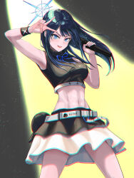 Rule 34 | 1girl, :d, absurdres, alternate costume, arm up, armpits, bare shoulders, baseball cap, belt, black hair, black hat, black shirt, black skirt, blue archive, blue eyes, blue flower, blue rose, blush, breasts, chromatic aberration, commentary request, cowboy shot, crop top, floating hair, flower, frilled skirt, frills, grey belt, halo, hat, highres, holding, holding microphone, idol, light particles, long hair, looking at viewer, medium breasts, microphone, midriff, navel, neck ribbon, open mouth, ribbon, rose, saori (blue archive), shirt, sidelocks, skirt, sleeveless, sleeveless shirt, smile, solo, spotlight, standing, teeth, two-tone skirt, unworn hat, unworn headwear, upper teeth only, v over mouth, white skirt, wristband, yatsuka mirin