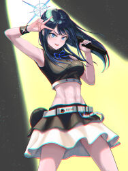 1girl :d absurdres alternate_costume arm_up armpits bare_shoulders baseball_cap belt black_hair black_hat black_shirt black_skirt blue_archive blue_eyes blue_flower blue_rose blush breasts chromatic_aberration commentary_request cowboy_shot crop_top floating_hair flower frilled_skirt frills grey_belt halo hat highres holding holding_microphone idol light_particles long_hair looking_at_viewer medium_breasts microphone midriff navel neck_ribbon open_mouth ribbon rose saori_(blue_archive) shirt sidelocks skirt sleeveless sleeveless_shirt smile solo spotlight standing teeth two-tone_skirt unworn_hat unworn_headwear upper_teeth_only v v_over_mouth white_skirt wristband yatsuka_mirin