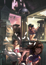 Rule 34 | 3girls, barrel, bath, bathing, bird, chain-link fence, chasing, chicken, chicken coop, drum (container), feathers, fence, indoors, multiple girls, original, scenery, youdo (emim)