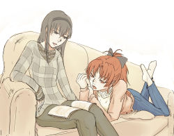 Rule 34 | 10s, 2girls, akemi homura, alternate costume, black bow, black eyes, black hair, book, book on lap, bow, buttons, casual, couch, crossed legs, cushion, denim, elbow rest, feet up, hair bow, hairband, jacket, jeans, leaning forward, long hair, lying, mahou shoujo madoka magica, mahou shoujo madoka magica (anime), multiple girls, no shoes, on stomach, open book, open mouth, pants, plantar flexion, ponytail, reading, red eyes, red hair, sakura kyoko, sidelocks, simple background, sitting, sleeves past wrists, socks, sweater, sweater jacket, uruo, white background