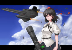 Rule 34 | 1girl, aircraft, airplane, bad id, bad pixiv id, black hair, camera, day, female focus, hat, letterboxed, looking at viewer, petag2, reconnaissance aircraft, shameimaru aya, short hair, sky, smile, solo, sr-71, sr-71 blackbird, stealth, stealth aircraft, tokin hat, touhou, vehicle focus