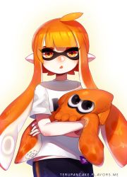 Rule 34 | 1girl, ahoge, black pants, blunt bangs, blush, commentary, cowboy shot, english commentary, holding, inkling, inkling girl, inkling player character, long hair, looking at viewer, mask, nintendo, nose blush, orange eyes, pale skin, pants, parted lips, pointy ears, shirt, short sleeves, solo, tentacle hair, terupancake, white background, white shirt