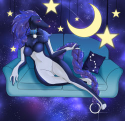 Rule 34 | 1girl, absurdly long hair, absurdres, animal ears, animal hands, blue skin, blush, borrowed character, braid, breasts, claws, closed mouth, colored skin, couch, crescent moon, dog ears, facial mark, female focus, forehead mark, full body, furry, furry female, galaxy, half-closed eyes, hand up, happy, highres, long hair, looking at viewer, looking to the side, medium breasts, moon, multicolored skin, navel, no nipples, no pussy, nude, original, pillow, profile, red eyes, single braid, sky, smile, solo, space, star (sky), star (symbol), starry sky, two-tone skin, very long hair, white skin, xan (xan0712)