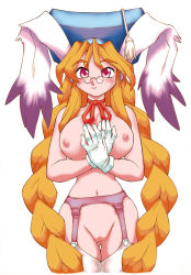 Rule 34 | 1girl, animal ears, blush, braid, breasts, breath of fire, breath of fire iii, rabbit ears, garter belt, glasses, gloves, hat, large breasts, long hair, momo (breath of fire), neriwasabi, nipples, orange hair, red eyes, ribbon, solo, thighhighs, twintails, uncensored