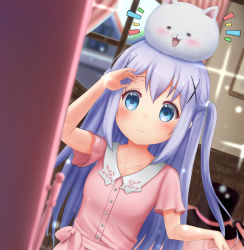 Rule 34 | 1girl, :3, = =, angora rabbit, animal, animal on head, arms up, blue eyes, blue hair, blurry, blurry background, blush, collarbone, commentary request, dress, dutch angle, fireplace, gochuumon wa usagi desu ka?, hair ornament, hand in own hair, highres, indoors, kafuu chino, light smile, long hair, looking at viewer, luke (kyeftss), mirror, on head, picture frame, pink dress, rabbit, rabbit on head, sash, short sleeves, solo, sparkle, standing, tippy (gochiusa), two side up, upper body, very long hair, window, x hair ornament