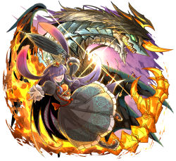 Rule 34 | 1girl, :d, animal ears, black dress, boots, closed umbrella, dragon, dress, duel masters, facing viewer, fire, holding, holding umbrella, juliet sleeves, kankan33333, long hair, long sleeves, one eye covered, open mouth, outstretched arms, puffy sleeves, purple hair, rabbit ears, smile, spread arms, umbrella