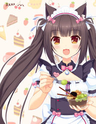 Rule 34 | 1girl, :3, :d, animal ears, apron, azusa (980650076), bell, black hair, blunt bangs, cape, cat ears, cat girl, chocola (nekopara), commentary request, feeding, food, fruit, grapes, highres, holding, holding spoon, long hair, looking at viewer, maid, maid apron, maid headdress, name tag, nekopara, open mouth, orange eyes, reaching, reaching towards viewer, short sleeves, sidelocks, slit pupils, smile, solo, spoon, twintails