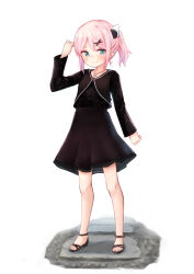 Rule 34 | 1girl, barefoot sandals (jewelry), black dress, blush, chiyoda momo, closed mouth, collarbone, dress, full body, green eyes, hair ornament, highres, jewelry, kuramoto takato, looking at viewer, machikado mazoku, necklace, pink hair, sandals, short hair, simple background, smile, solo, white background, x hair ornament