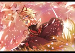 Rule 34 | 1girl, blonde hair, blue eyes, blush, bow, capelet, dress, female focus, hair ribbon, highres, large bow, letterboxed, looking back, medicine melancholy, mito (calcomer), petals, ribbon, short hair, smile, solo, sunset, touhou