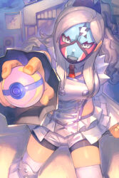 Rule 34 | 1girl, bike shorts, bike shorts under shorts, buttons, clenched hand, clenched teeth, commentary request, creatures (company), detached collar, double-breasted, eri (pokemon), facepaint, furrowed brow, game freak, hair behind ear, heal ball, highres, hip vent, holding, holding poke ball, long hair, nail polish, necktie, nintendo, orange nails, orange necktie, poke ball, pokemon, pokemon sv, shorts, solo, standing, teeth, thighhighs, tiara, ubo (ubo tales), white eyes