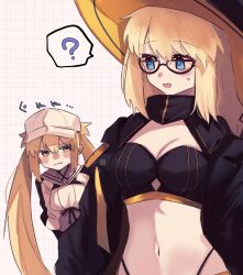 Rule 34 | aesc (rain witch) (fate), artist request, artoria caster (fate), artoria caster (first ascension) (fate), artoria pendragon (fate), black jacket, blonde hair, blue eyes, blush, fate/grand order, fate (series), glasses, gloves, grey gloves, hairband, hat, highres, jacket, long hair, smile, striped belt, vest, white background, white vest, witch hat