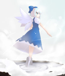 Rule 34 | 1girl, blue eyes, blue hair, bow, cirno, dress, expressionless, female focus, hair bow, matching hair/eyes, perfect cherry blossom, puffy sleeves, shin (new), shoes, short hair, solo, touhou, wings