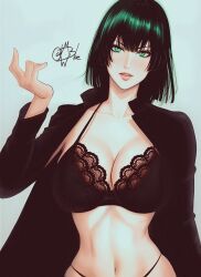 Rule 34 | 1girl, black hair, blush, bra, breasts, cleavage, film grain, fubuki (one-punch man), green eyes, green hair, highres, jacket, large breasts, light smile, lingerie, lips, lipstick, looking at viewer, makeup, mostlybluewyatt, navel, one-punch man, open clothes, open jacket, panties, simple background, solo, underwear, wide hips