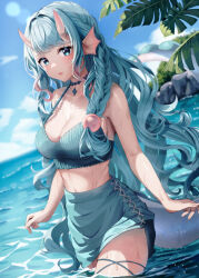 Rule 34 | 1girl, aqua bikini, aqua eyes, aqua hair, arms at sides, awato, bare shoulders, beach, bikini, braid, breasts, cleavage, closed mouth, collarbone, commission, day, fins, head fins, highres, horns, large breasts, looking at viewer, midriff, original, outdoors, sarong, single braid, solo, swimsuit, wading, wet