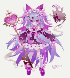 Rule 34 | 1girl, alternate color, animal ears, blue hair, bow, cat ears, character request, closed mouth, creatures (company), cross hair ornament, detached sleeves, dress, frilled dress, frilled sleeves, frilled socks, frilled thighhighs, frills, game freak, ghost, hair ornament, hairband, halo, hibi89, holding, holding key, holding staff, key, lolita hairband, long sleeves, looking at viewer, magical girl, nintendo, personification, pokemon, puffy long sleeves, puffy sleeves, purple bow, purple dress, purple eyes, purple footwear, purple hair, shiny pokemon, shoes, simple background, socks, solo, staff, striped clothes, striped socks, striped thighhighs, thighhighs, two side up, white background, wings