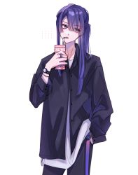 Rule 34 | 1boy, baggy clothes, drinking straw, facing viewer, hands in pockets, highres, jewelry, long hair, looking to the side, male focus, milk carton, nagao kei, nijisanji, ponytail, purple eyes, purple hair, ring, s poi l, solo, strawberry milk, virtual youtuber, watch, white background, wristwatch