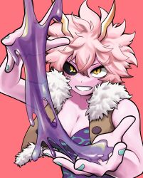 Rule 34 | 1girl, absurdres, ashido mina, bare shoulders, black sclera, bodysuit, boku no hero academia, breasts, cleavage, colored sclera, colored skin, cropped vest, fur trim, green nails, hair between eyes, highres, hiro illust11, horns, medium breasts, multicolored clothes, pink background, pink hair, pink skin, short hair, slime (substance), smile, solo, upper body, vest, yellow eyes, yellow horns