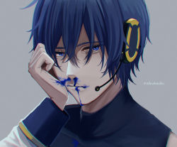 Rule 34 | 1boy, artist name, blood, blue blood, blue eyes, blue hair, coat, colored blood, commentary, expressionless, grey background, half-closed eyes, hand on own head, headset, kaito (vocaloid), looking at viewer, male focus, nokuhashi, nosebleed, portrait, solo, vocaloid, white coat