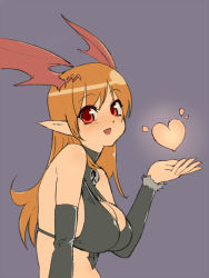 Rule 34 | 1girl, bare shoulders, blush, breasts, cleavage, demon girl, elbow gloves, female focus, gloves, heart, large breasts, long hair, looking at viewer, lord of vermilion, open mouth, orange hair, pointy ears, red eyes, sagano yuuji, smile, solo, demon girl, succubus (lord of vermilion), upper body