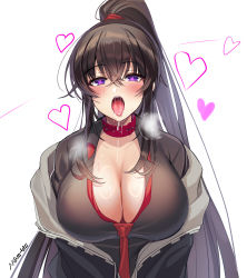 Rule 34 | 1girl, :o, absurdres, black hair, black jacket, black shirt, breasts, choker, cleavage, counter:side, heart, heart-shaped pupils, highres, jacket, large breasts, long hair, looking at viewer, maett, necktie, off shoulder, open clothes, open jacket, open mouth, ponytail, purple eyes, red choker, saliva, shirt, solo, symbol-shaped pupils, tongue, tongue out, upper body, very long hair, yoo mina